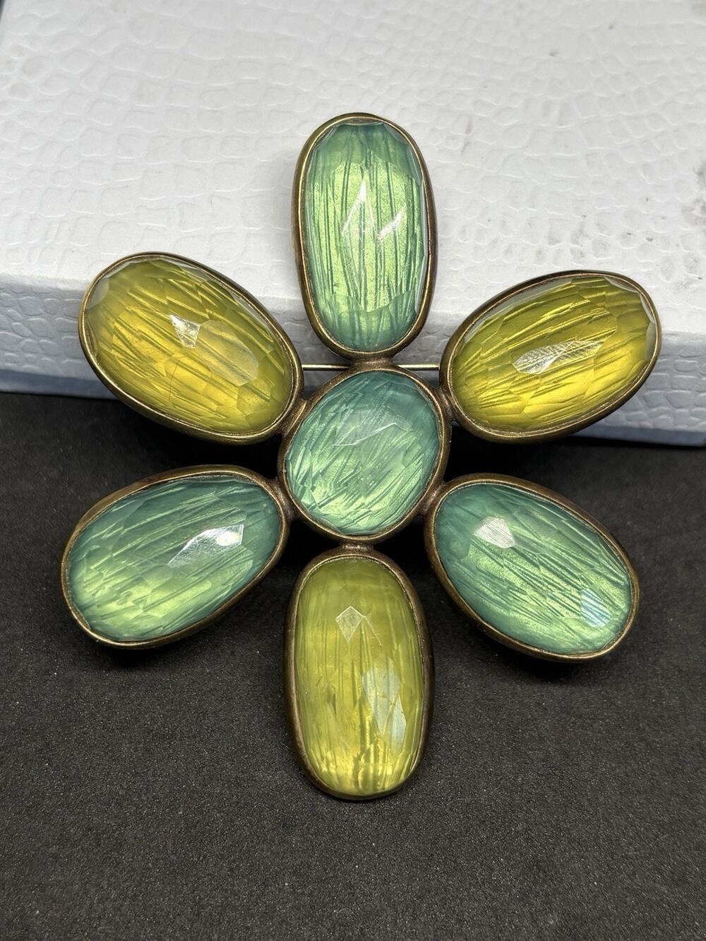 Vintage Signed Steve Vaubel Multi Color Gemstone Floral Gold Tone Brooch Pin 3”